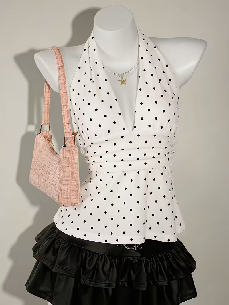 Women's Low-Neck Pleated Halter Neck Bow Backless Polka Dot Tank Top
