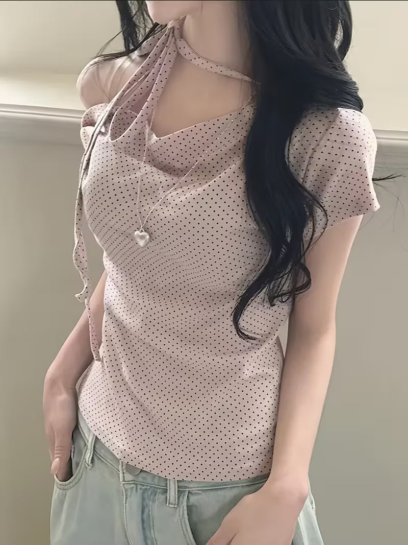 Sassygals Korean Style Pure Desire Polka Dot Strap Off-Shoulder T-Shirt Women'S Slim Fit And Hot Exposed Shoulder Top Summer