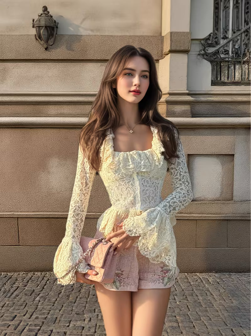 European and American New Lace Square-neck Front Hook Flower Sleeve Lace Short Top for Women, Vintage Style, Waist, Versatile Long Sleeves