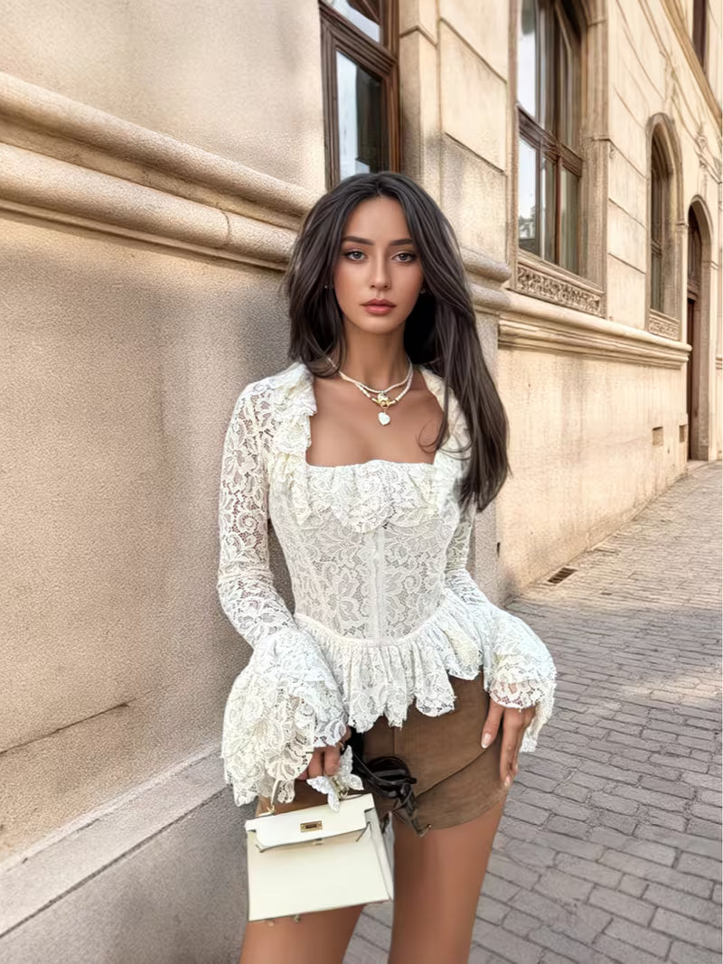 European and American New Lace Square-neck Front Hook Flower Sleeve Lace Short Top for Women, Vintage Style, Waist, Versatile Long Sleeves
