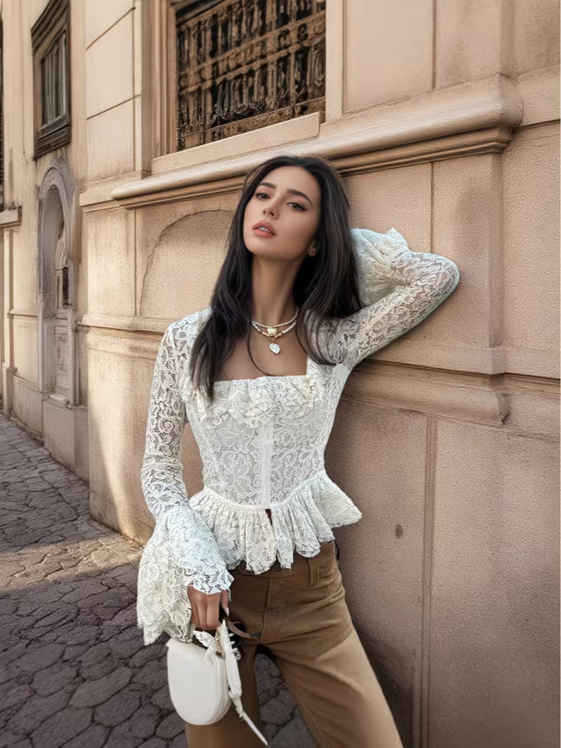 European and American New Lace Square-neck Front Hook Flower Sleeve Lace Short Top for Women, Vintage Style, Waist, Versatile Long Sleeves