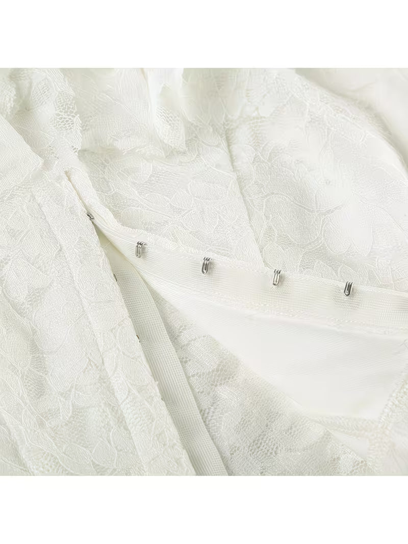 European and American New Lace Square-neck Front Hook Flower Sleeve Lace Short Top for Women, Vintage Style, Waist, Versatile Long Sleeves