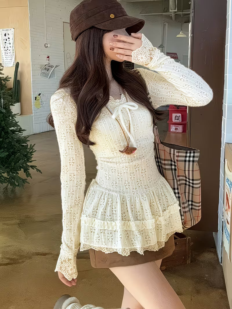 Japanese and Korean Style Sweet and Gentle Soft-Desire Light Yellow Lace-Up Long Sleeve Autumn/Winter Chic Fashion Slim-Fit Versatile Base Layer V-Neck Top