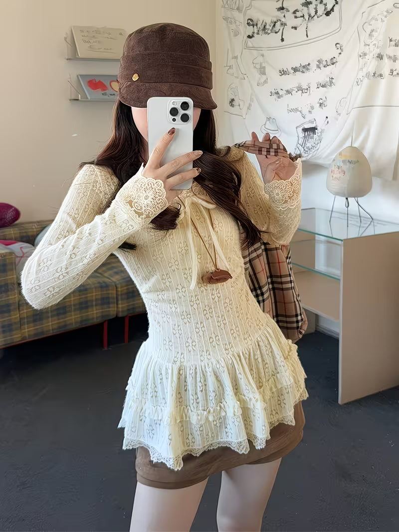Japanese and Korean Style Sweet and Gentle Soft-Desire Light Yellow Lace-Up Long Sleeve Autumn/Winter Chic Fashion Slim-Fit Versatile Base Layer V-Neck Top