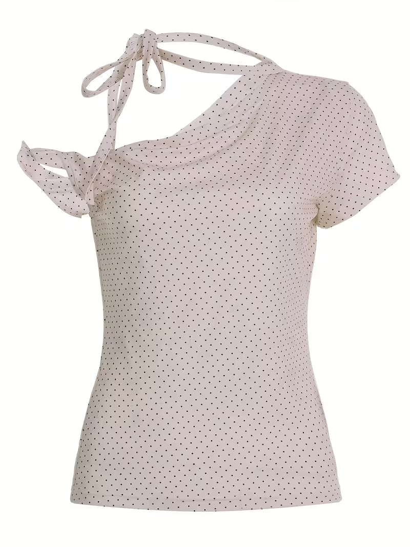 Sassygals Korean Style Pure Desire Polka Dot Strap Off-Shoulder T-Shirt Women'S Slim Fit And Hot Exposed Shoulder Top Summer