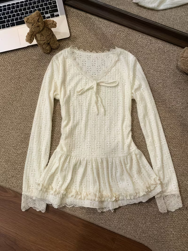 Japanese and Korean Style Sweet and Gentle Soft-Desire Light Yellow Lace-Up Long Sleeve Autumn/Winter Chic Fashion Slim-Fit Versatile Base Layer V-Neck Top