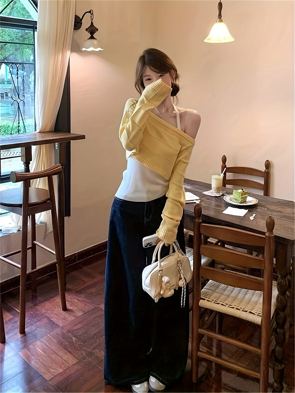 Fashionable And Versatile Long-Sleeve Top with an Off-Shoulder Design That Gives a Youthful Look