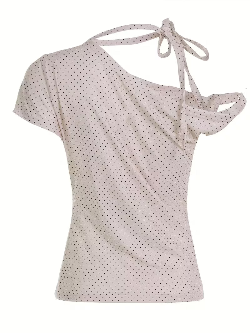 Sassygals Korean Style Pure Desire Polka Dot Strap Off-Shoulder T-Shirt Women'S Slim Fit And Hot Exposed Shoulder Top Summer