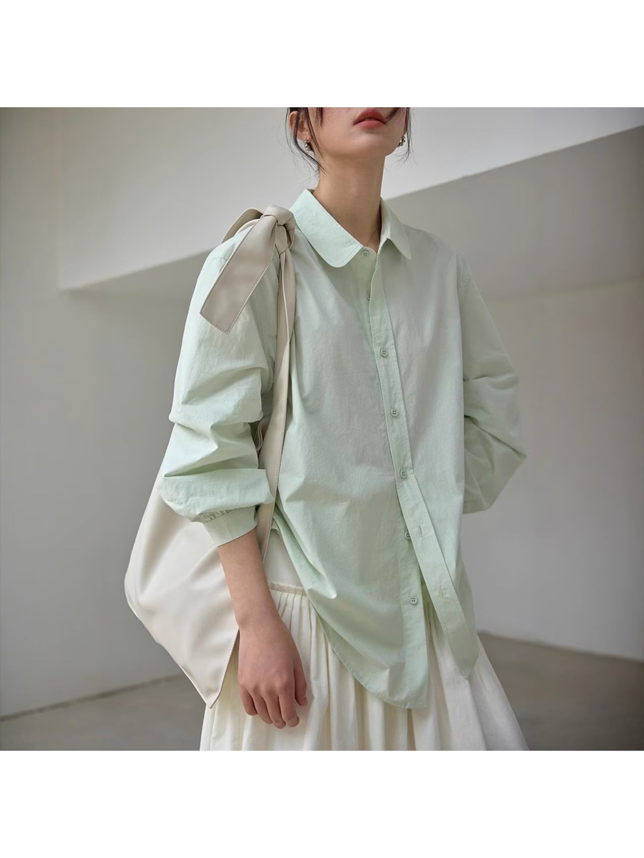 Spring Is Fresh! Simple Air Feeling Green Apple Green Hollow Lace-up Long-sleeved Sunscreen Shirt Women's Loose and Versatile Shirt