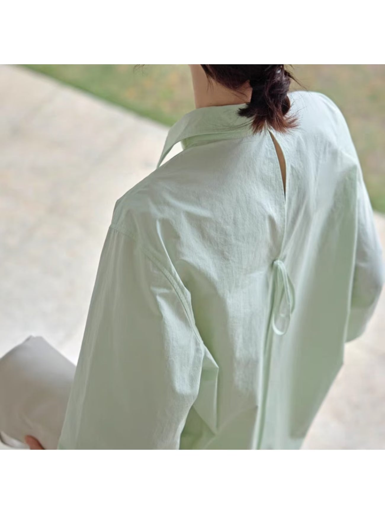 Spring Is Fresh! Simple Air Feeling Green Apple Green Hollow Lace-up Long-sleeved Sunscreen Shirt Women's Loose and Versatile Shirt