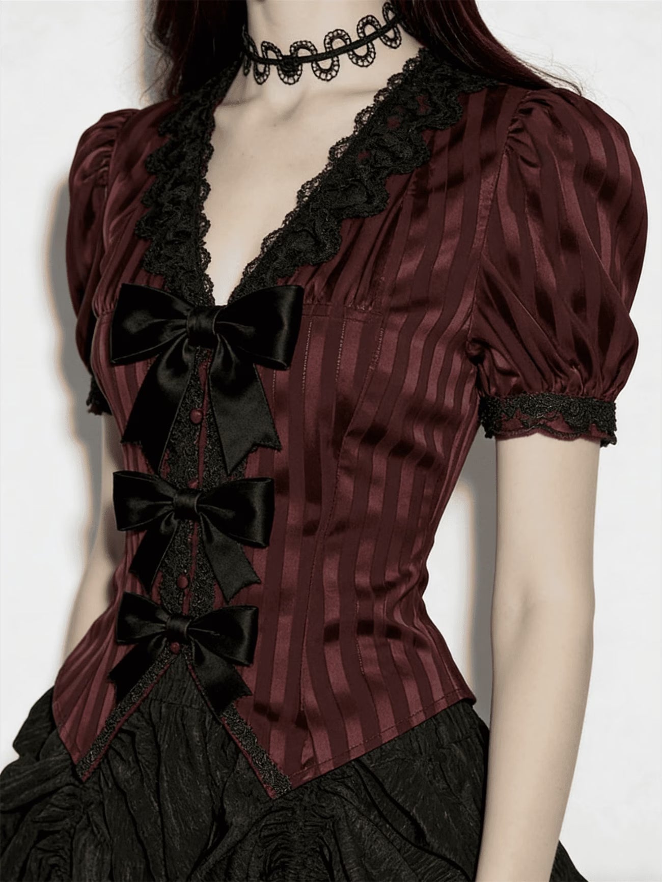 Women's Gothic Victorian Striped Blouse, V Neck Lace Trim Bow Decor Puff Short Sleeve Top