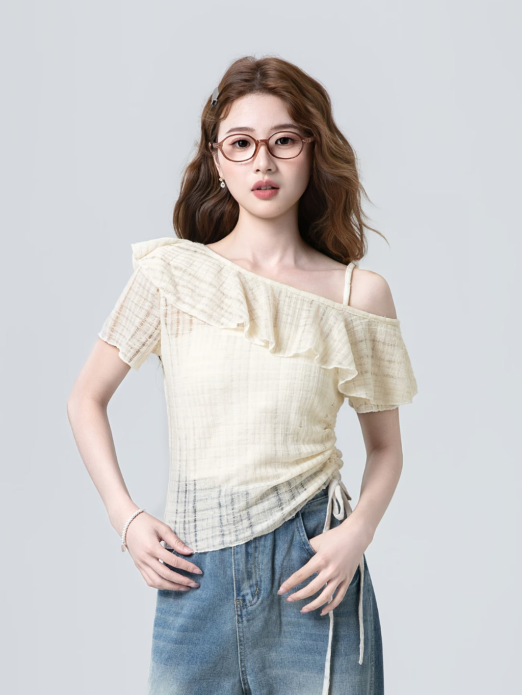 Women's Apricot Chiffon Blouse Short-Sleeve T-Shirt - Single Shoulder Sleeve & Spliced Tassels, Semi-Transparent Asymmetrical Hem Blouse Suitable for Commuting, College Style, Spring Summer Casual Outfits, Hand Washable Top