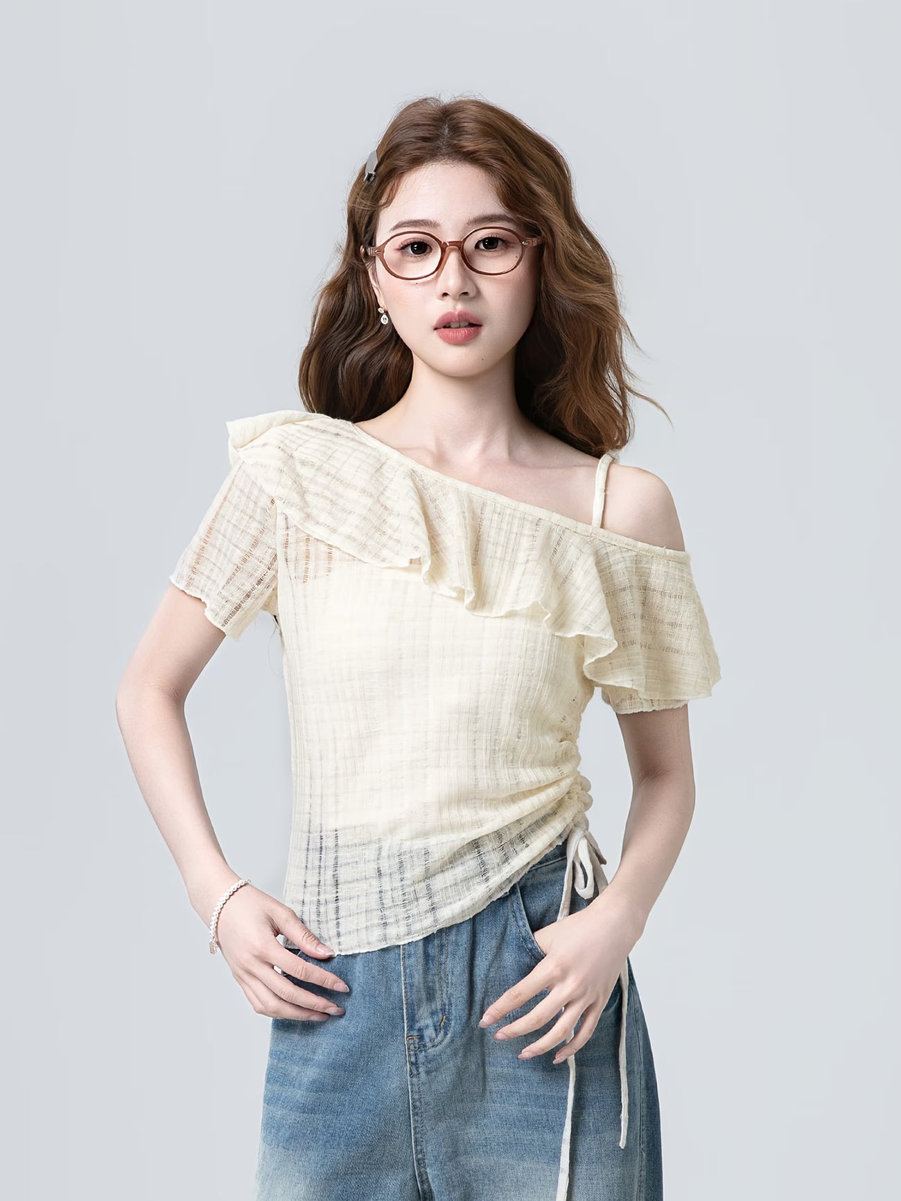 Women's Apricot Chiffon Blouse Short-Sleeve T-Shirt - Single Shoulder Sleeve & Spliced Tassels, Semi-Transparent Asymmetrical Hem Blouse Suitable for Commuting, College Style, Spring Summer Casual Outfits, Hand Washable Top