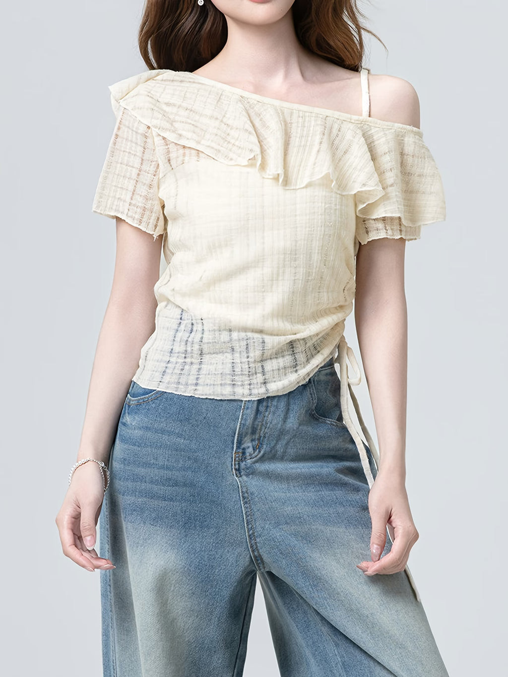 Women's Apricot Chiffon Blouse Short-Sleeve T-Shirt - Single Shoulder Sleeve & Spliced Tassels, Semi-Transparent Asymmetrical Hem Blouse Suitable for Commuting, College Style, Spring Summer Casual Outfits, Hand Washable Top