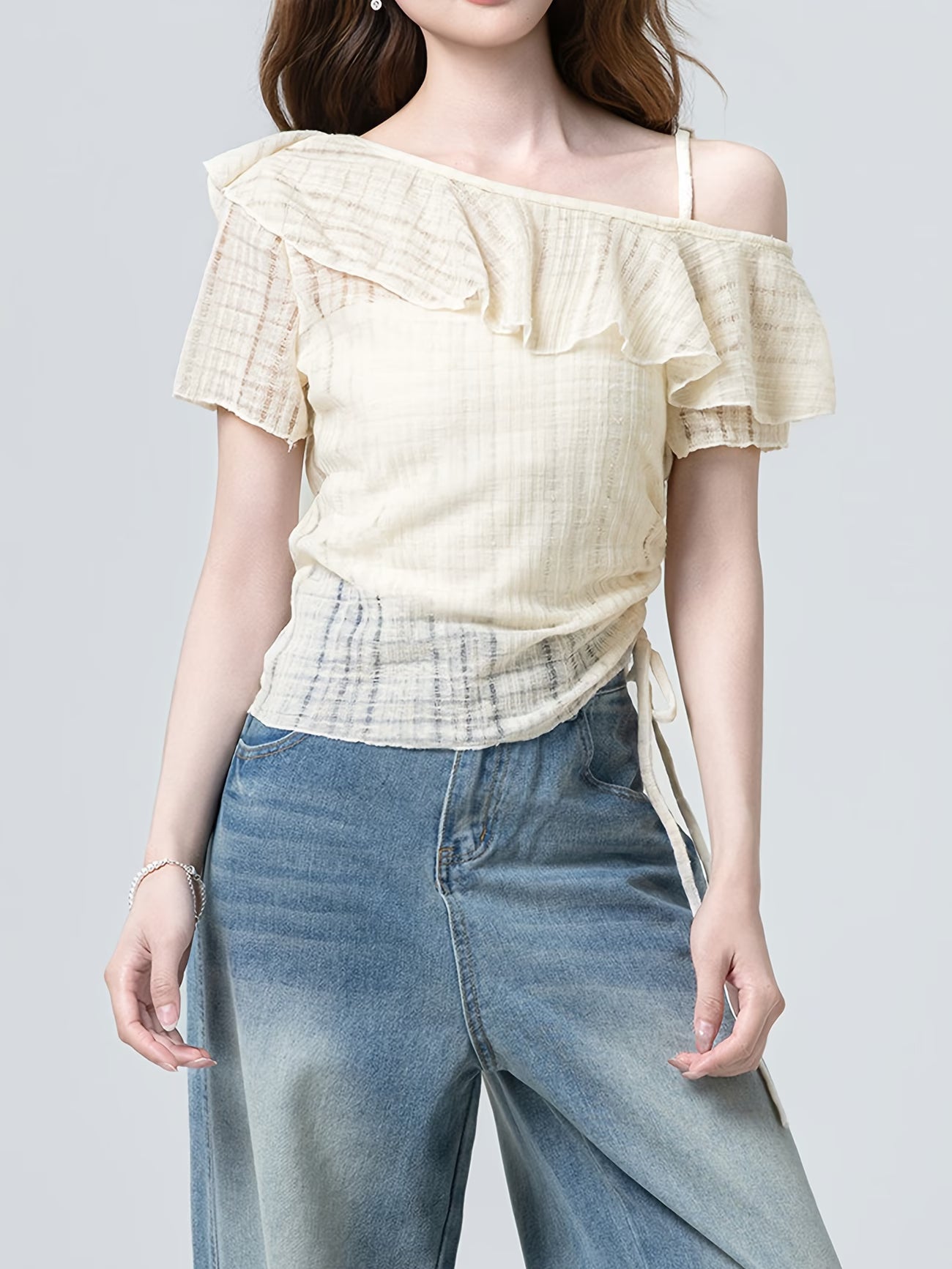 Women's Apricot Chiffon Blouse Short-Sleeve T-Shirt - Single Shoulder Sleeve & Spliced Tassels, Semi-Transparent Asymmetrical Hem Blouse Suitable for Commuting, College Style, Spring Summer Casual Outfits, Hand Washable Top