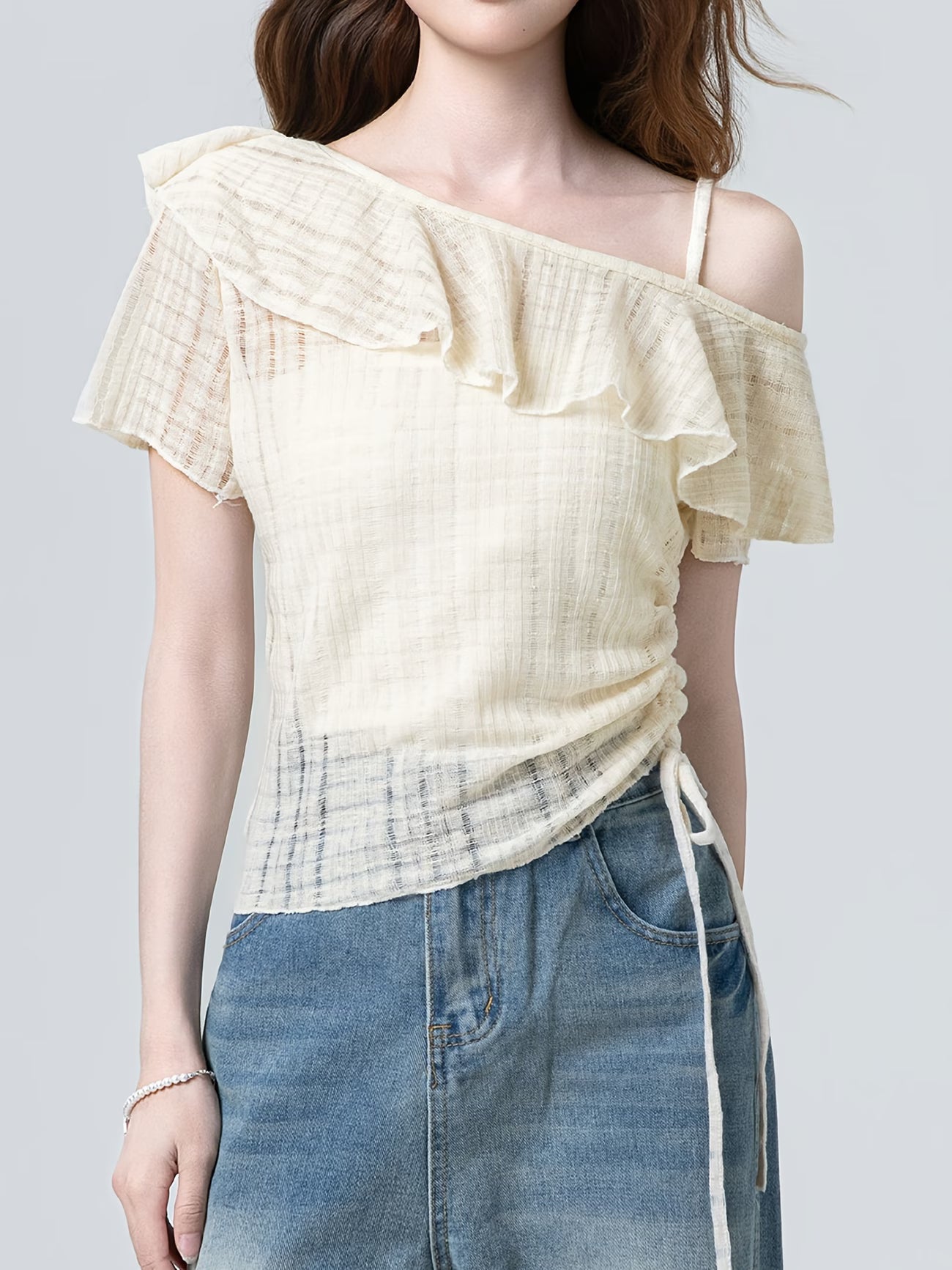 Women's Apricot Chiffon Blouse Short-Sleeve T-Shirt - Single Shoulder Sleeve & Spliced Tassels, Semi-Transparent Asymmetrical Hem Blouse Suitable for Commuting, College Style, Spring Summer Casual Outfits, Hand Washable Top