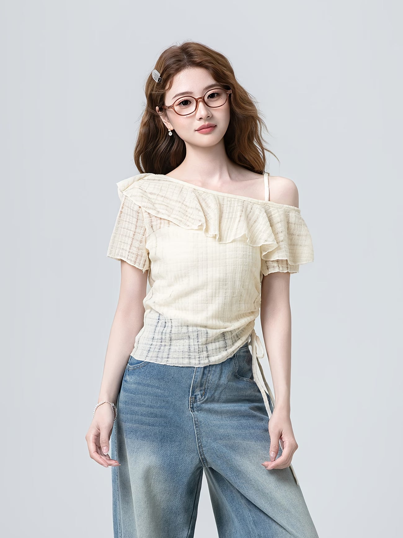 Women's Apricot Chiffon Blouse Short-Sleeve T-Shirt - Single Shoulder Sleeve & Spliced Tassels, Semi-Transparent Asymmetrical Hem Blouse Suitable for Commuting, College Style, Spring Summer Casual Outfits, Hand Washable Top