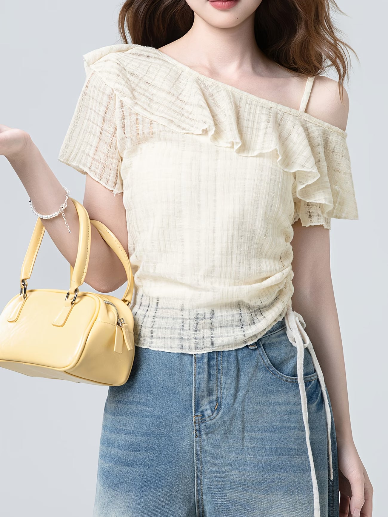 Women's Apricot Chiffon Blouse Short-Sleeve T-Shirt - Single Shoulder Sleeve & Spliced Tassels, Semi-Transparent Asymmetrical Hem Blouse Suitable for Commuting, College Style, Spring Summer Casual Outfits, Hand Washable Top