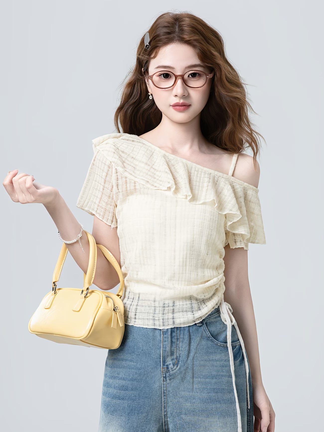 Women's Apricot Chiffon Blouse Short-Sleeve T-Shirt - Single Shoulder Sleeve & Spliced Tassels, Semi-Transparent Asymmetrical Hem Blouse Suitable for Commuting, College Style, Spring Summer Casual Outfits, Hand Washable Top