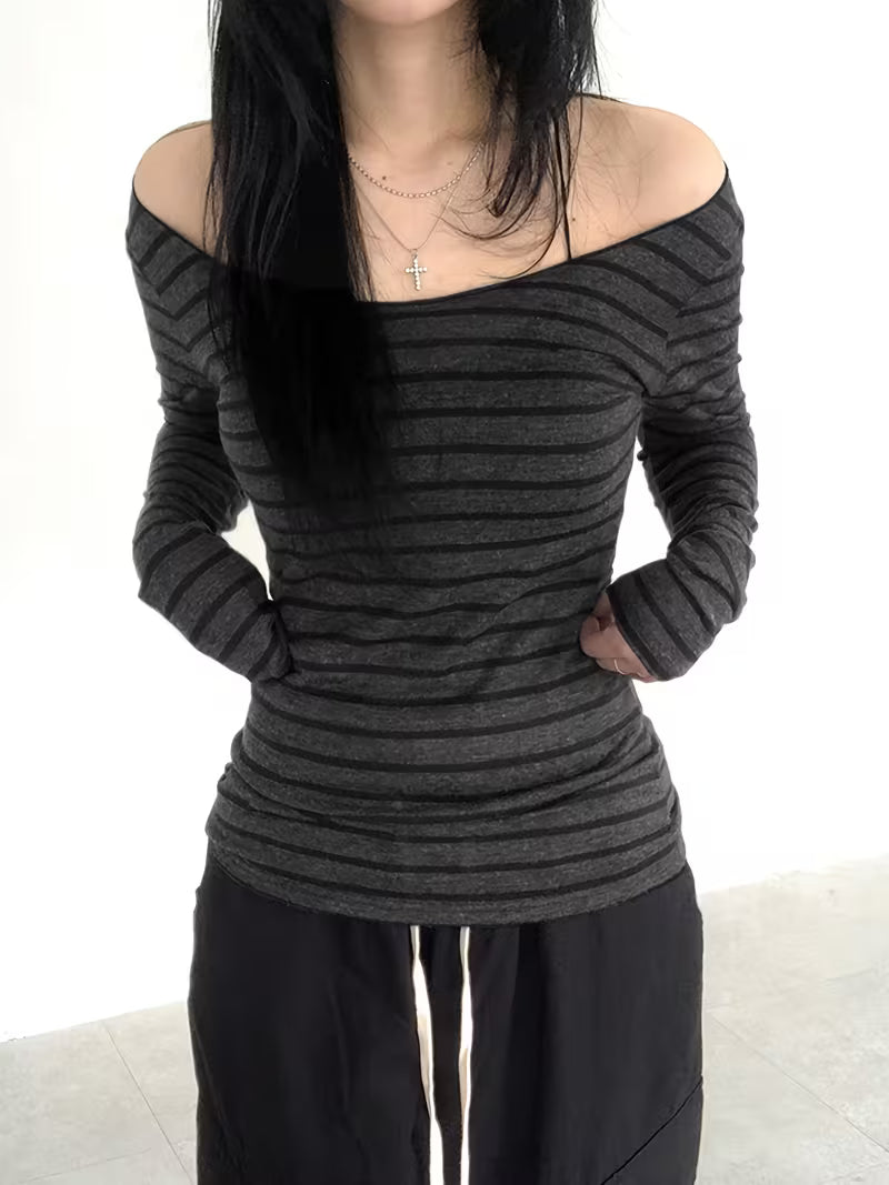 Korean Style Striped Off-The-Shoulder Lightweight Top, Spring And Autumn Retro Street Slim-Fit Versatile Long-Sleeved T-Shirt