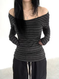 Korean Style Striped Off-The-Shoulder Lightweight Top, Spring And Autumn Retro Street Slim-Fit Versatile Long-Sleeved T-Shirt