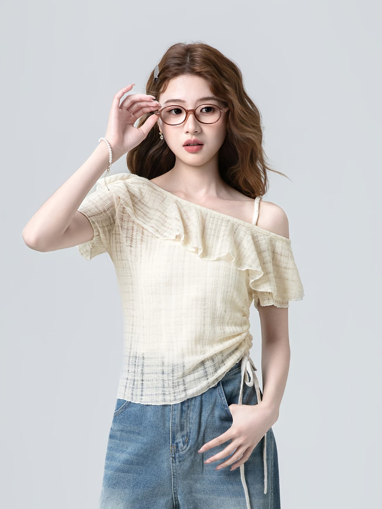 Women's Apricot Chiffon Blouse Short-Sleeve T-Shirt - Single Shoulder Sleeve & Spliced Tassels, Semi-Transparent Asymmetrical Hem Blouse Suitable for Commuting, College Style, Spring Summer Casual Outfits, Hand Washable Top