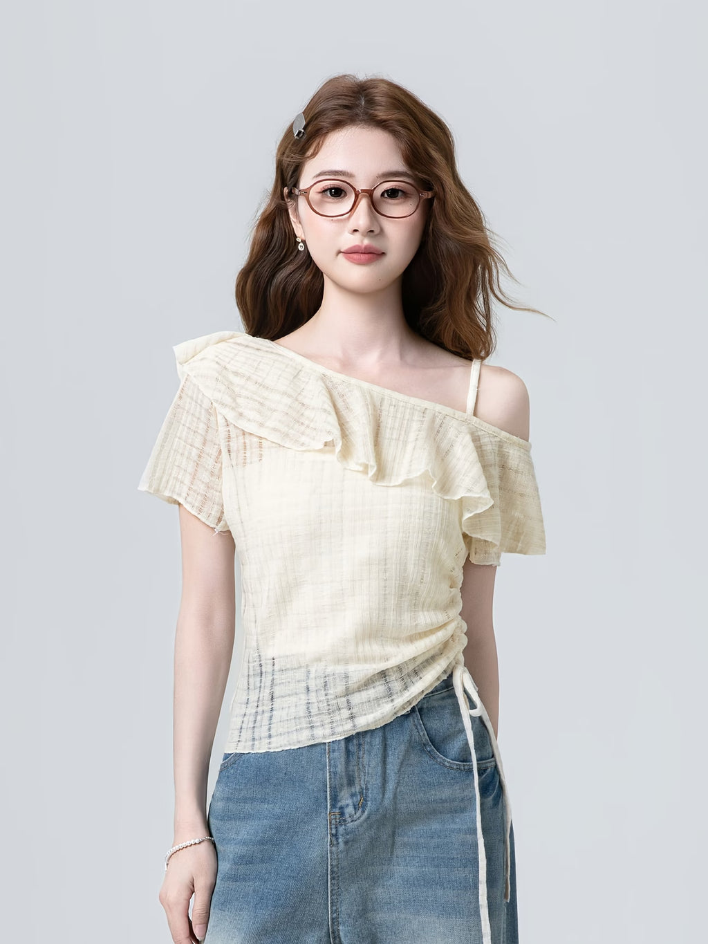 Women's Apricot Chiffon Blouse Short-Sleeve T-Shirt - Single Shoulder Sleeve & Spliced Tassels, Semi-Transparent Asymmetrical Hem Blouse Suitable for Commuting, College Style, Spring Summer Casual Outfits, Hand Washable Top
