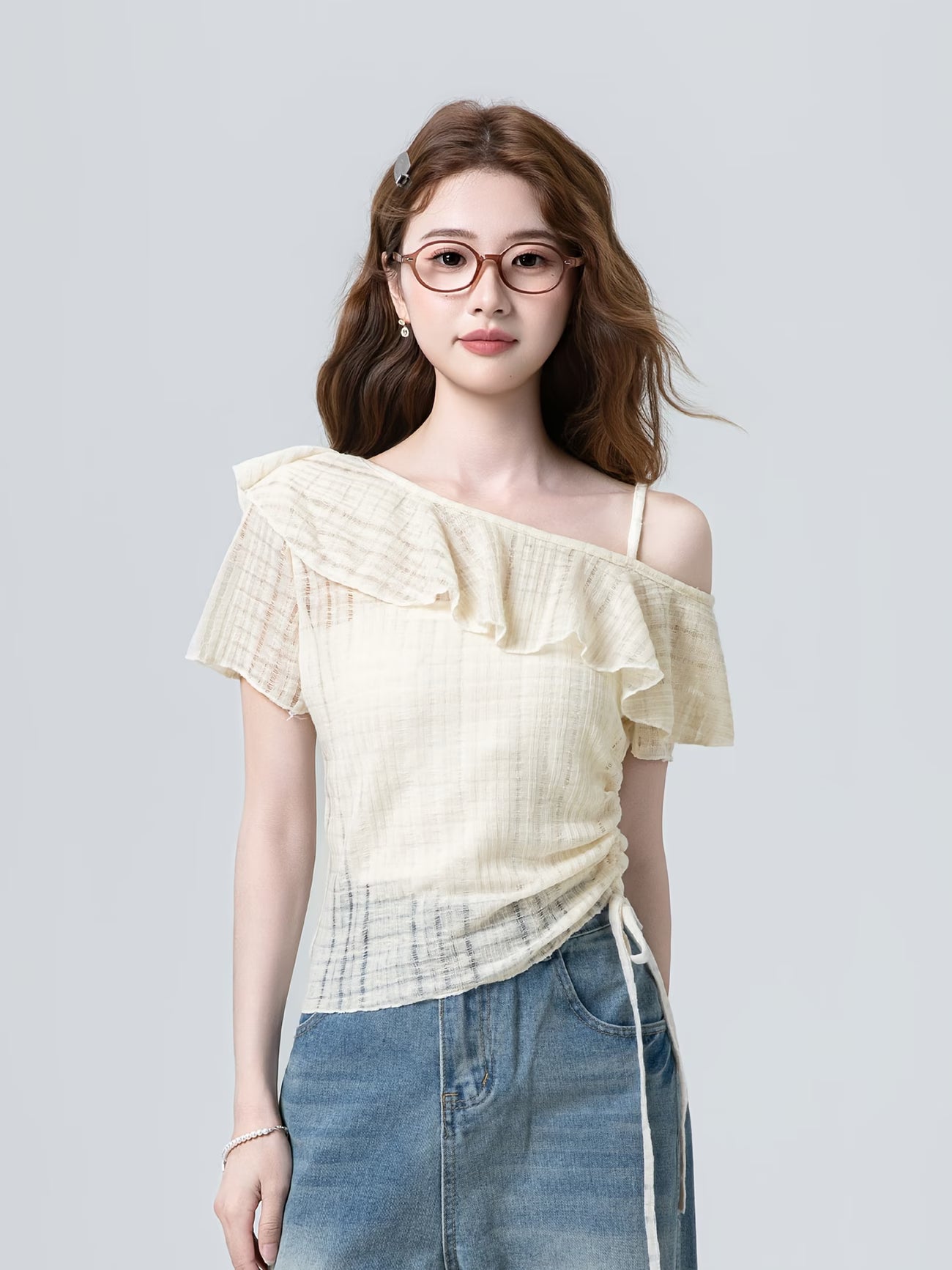 Women's Apricot Chiffon Blouse Short-Sleeve T-Shirt - Single Shoulder Sleeve & Spliced Tassels, Semi-Transparent Asymmetrical Hem Blouse Suitable for Commuting, College Style, Spring Summer Casual Outfits, Hand Washable Top