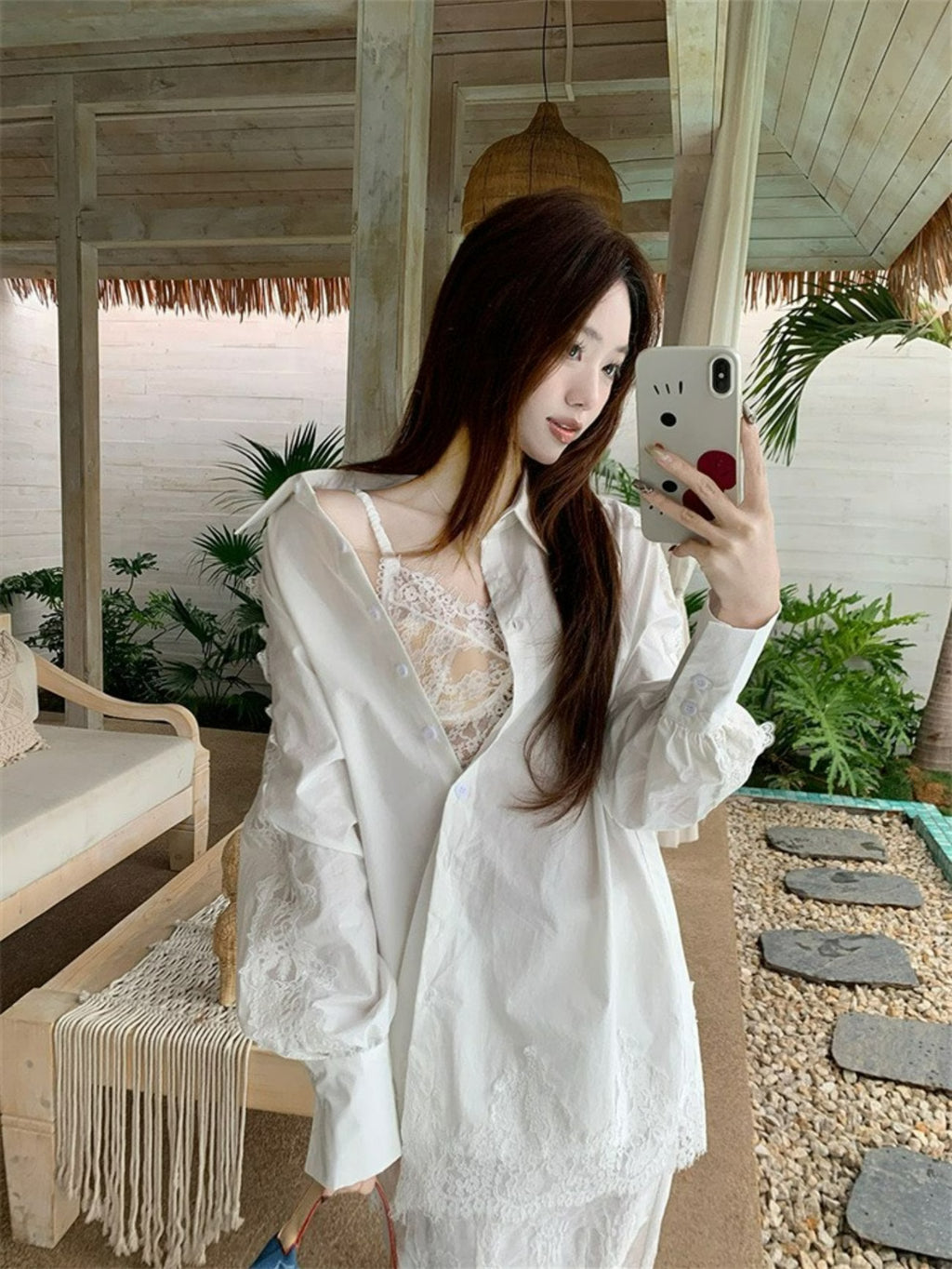 Women's White Heavy Embroidery Lace Patchwork Shirt Jacket - -Neck Blouse Top, Loose Fit Long Sleeve Jacket with Machine Washable Suitable for Seasons, Casual Elegant Outerwear