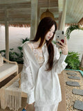 Women's White Heavy Embroidery Lace Patchwork Shirt Jacket - -Neck Blouse Top, Loose Fit Long Sleeve Jacket with Machine Washable Suitable for Seasons, Casual Elegant Outerwear