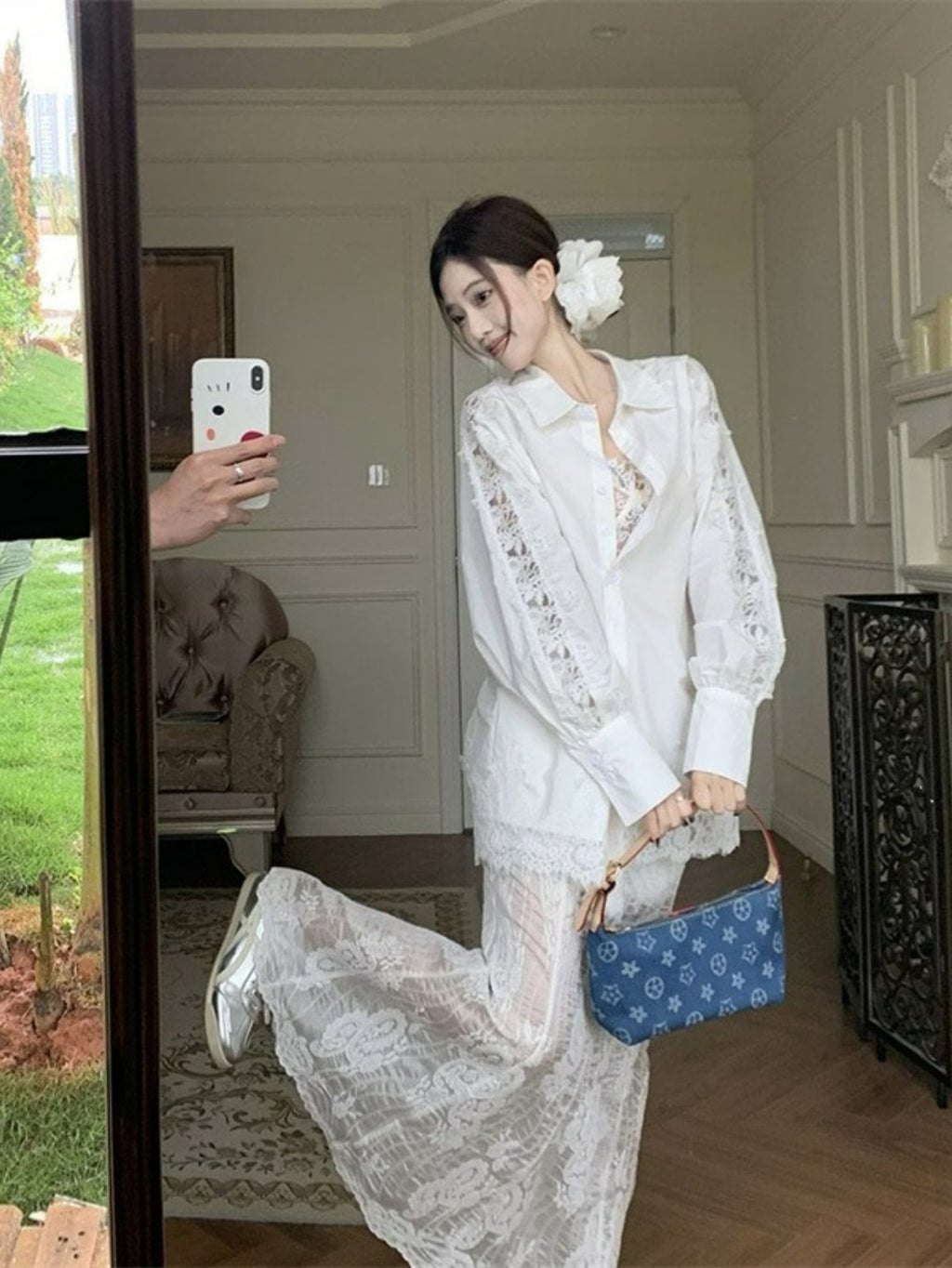 Women's White Heavy Embroidery Lace Patchwork Shirt Jacket - -Neck Blouse Top, Loose Fit Long Sleeve Jacket with Machine Washable Suitable for Seasons, Casual Elegant Outerwear