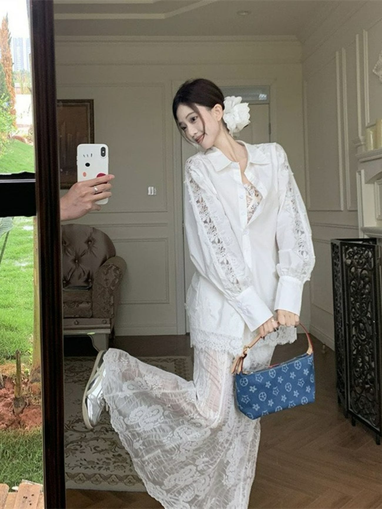 Women's White Heavy Embroidery Lace Patchwork Shirt Jacket - -Neck Blouse Top, Loose Fit Long Sleeve Jacket with Machine Washable Suitable for Seasons, Casual Elegant Outerwear