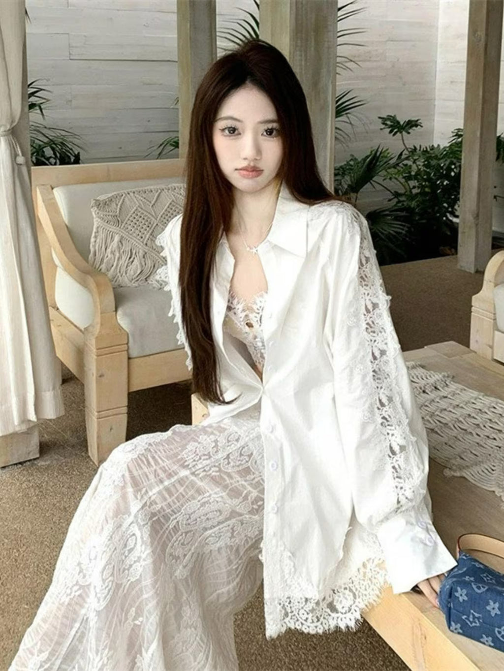 Women's White Heavy Embroidery Lace Patchwork Shirt Jacket - -Neck Blouse Top, Loose Fit Long Sleeve Jacket with Machine Washable Suitable for Seasons, Casual Elegant Outerwear