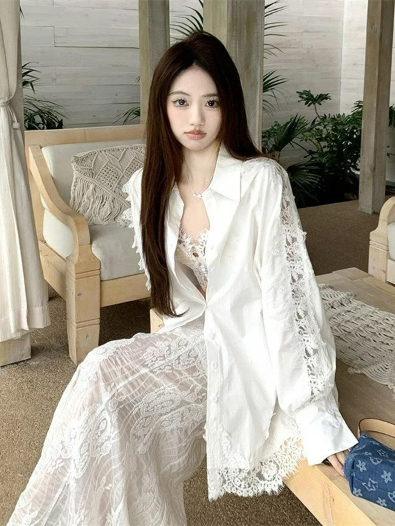 Women's White Heavy Embroidery Lace Patchwork Shirt Jacket - -Neck Blouse Top, Loose Fit Long Sleeve Jacket with Machine Washable Suitable for Seasons, Casual Elegant Outerwear