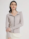 Relaxed Chic Women's Wool Hooded Sweater Zip Up Long Sleeve Slim Fit Metallic Lurex Zipper Accent Smooth Lightweight Breathable Fabric Versatile Top for Casual Wear & Weekend Outfits