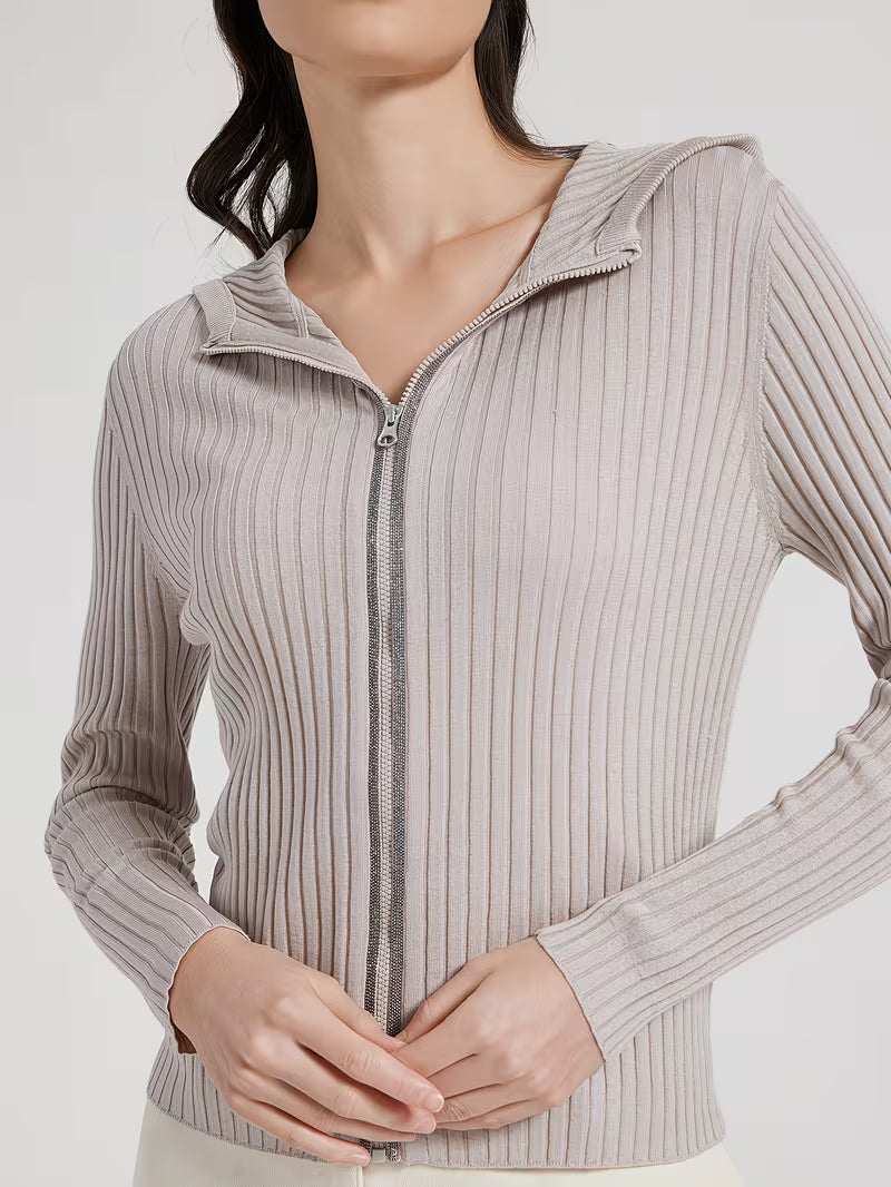Relaxed Chic Women's Wool Hooded Sweater Zip Up Long Sleeve Slim Fit Metallic Lurex Zipper Accent Smooth Lightweight Breathable Fabric Versatile Top for Casual Wear & Weekend Outfits