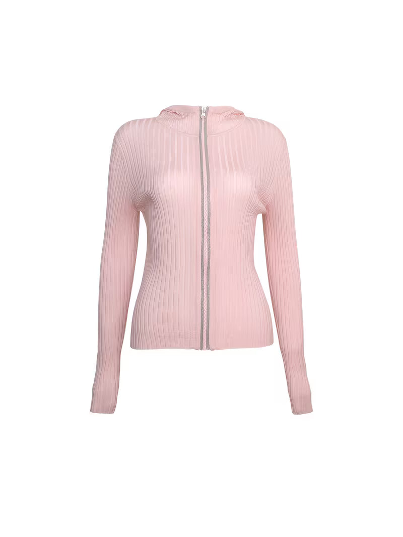 Relaxed Chic Women's Wool Hooded Sweater Zip Up Long Sleeve Slim Fit Metallic Lurex Zipper Accent Smooth Lightweight Breathable Fabric Versatile Top for Casual Wear & Weekend Outfits