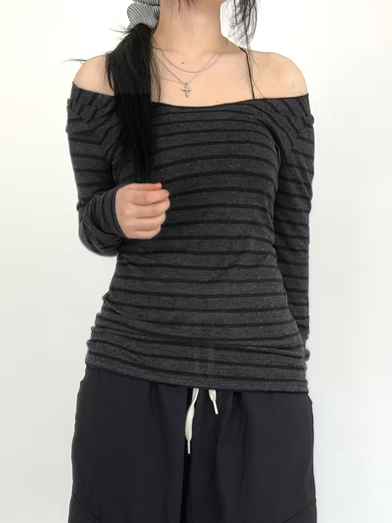 Korean Style Striped Off-The-Shoulder Lightweight Top, Spring And Autumn Retro Street Slim-Fit Versatile Long-Sleeved T-Shirt