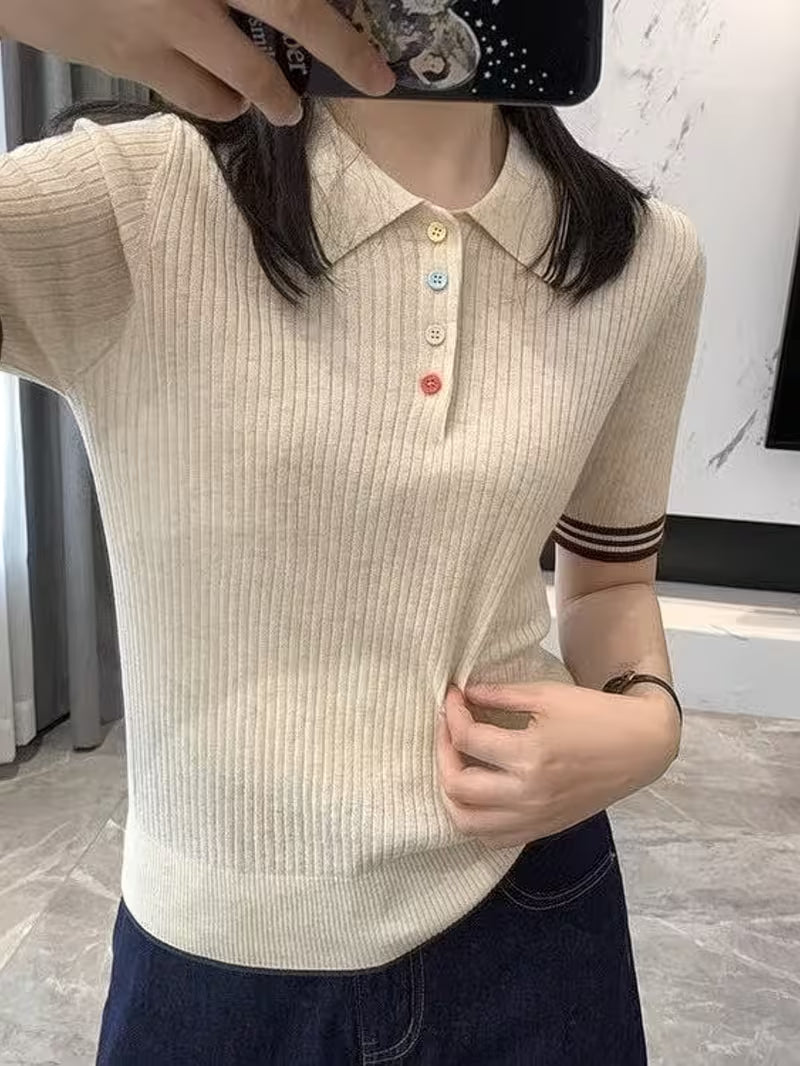 Women'S Spring Summer Polo Collar Short Sleeve Sweater, Lightweight Fine Wool Top