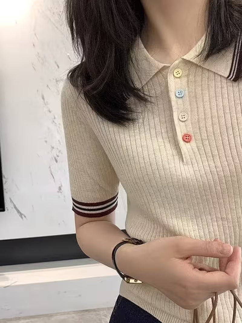Women'S Spring Summer Polo Collar Short Sleeve Sweater, Lightweight Fine Wool Top