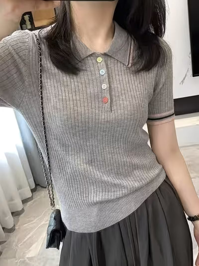 Women'S Spring Summer Polo Collar Short Sleeve Sweater, Lightweight Fine Wool Top