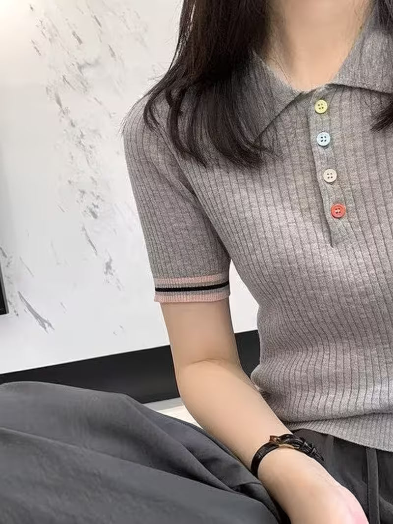 Women'S Spring Summer Polo Collar Short Sleeve Sweater, Lightweight Fine Wool Top