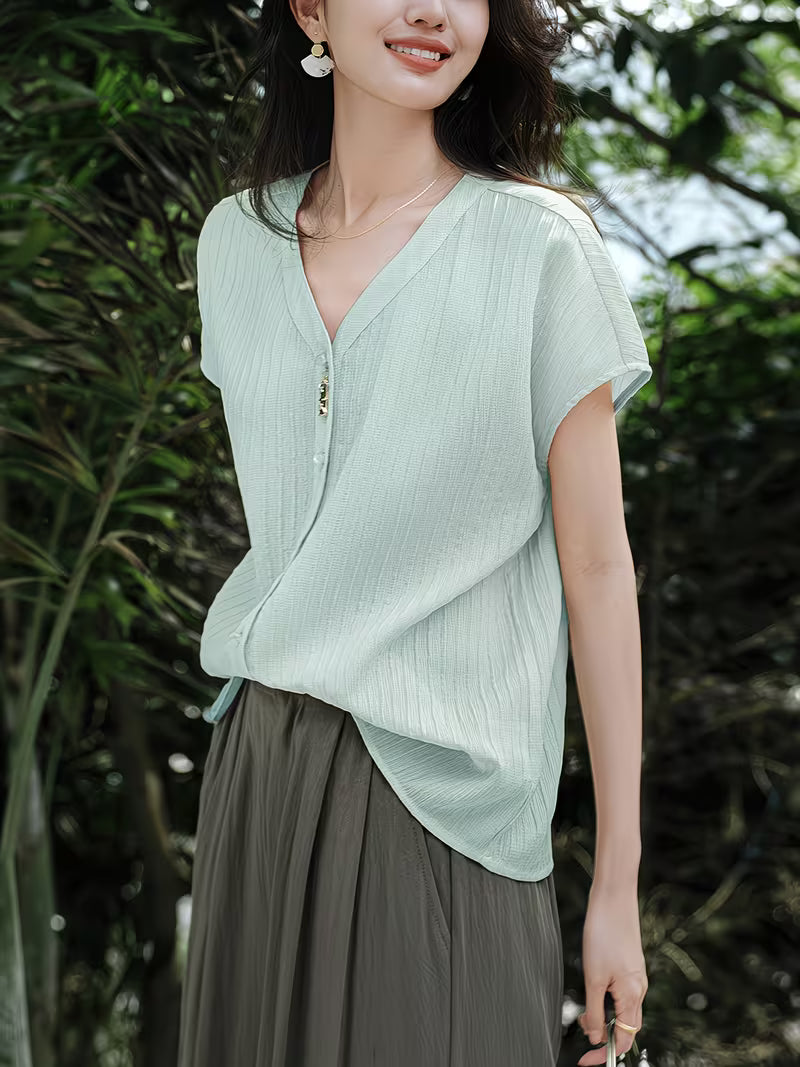 1pc Women'S Spring Summer New Style Shirt V-Neck Short Sleeve Blouse New Chinese Style Premium Texture Top Casual Commute Spring Summer Women'S Clothing Women'S Shirt