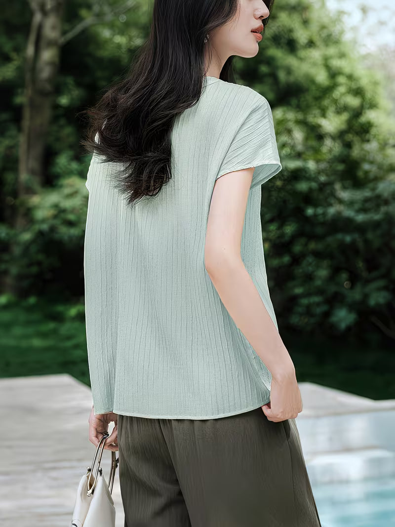 1pc Women'S Spring Summer New Style Shirt V-Neck Short Sleeve Blouse New Chinese Style Premium Texture Top Casual Commute Spring Summer Women'S Clothing Women'S Shirt