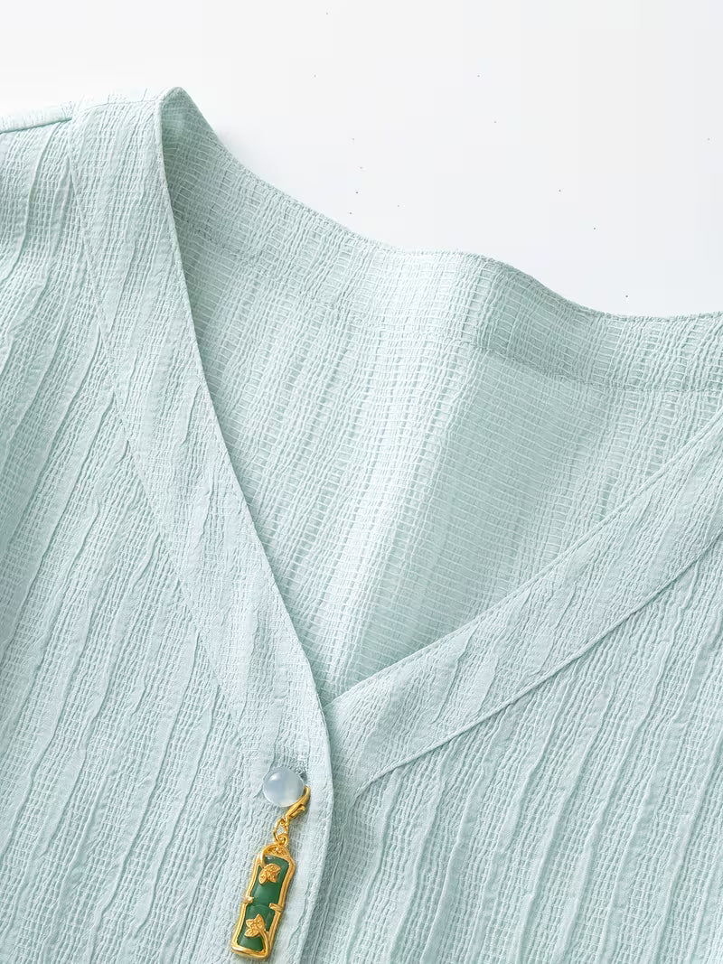 1pc Women'S Spring Summer New Style Shirt V-Neck Short Sleeve Blouse New Chinese Style Premium Texture Top Casual Commute Spring Summer Women'S Clothing Women'S Shirt