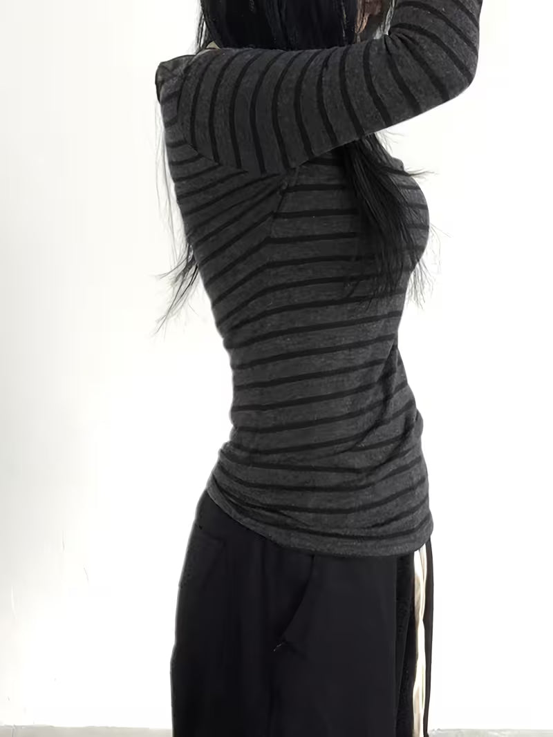 Korean Style Striped Off-The-Shoulder Lightweight Top, Spring And Autumn Retro Street Slim-Fit Versatile Long-Sleeved T-Shirt