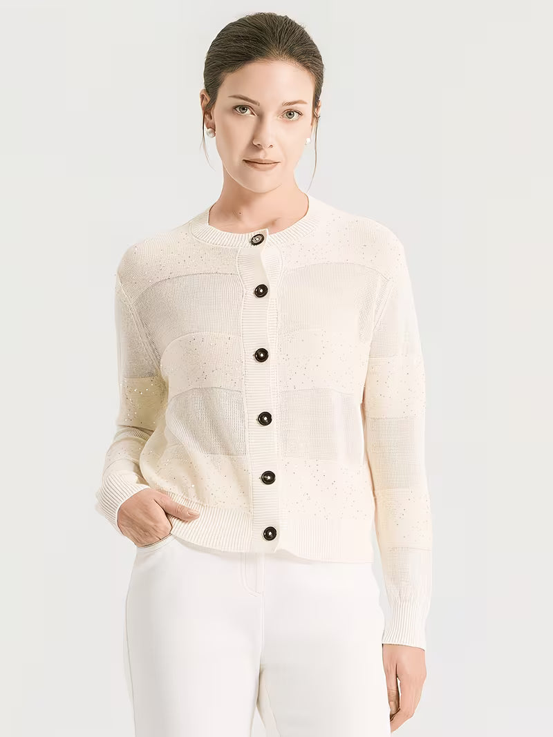 100% Linen Sequin Cardigan for Women, Elegant Open Front Long Sleeve Jacket with Scattered Paillette Detail, Lightweight Breathable Knitwear for Party & Office