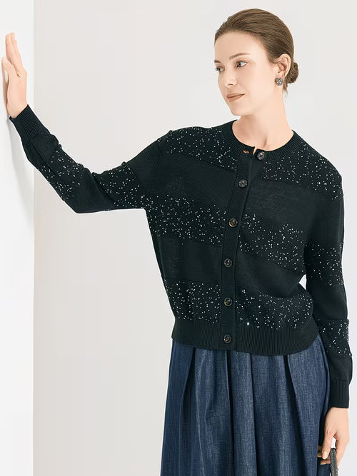 100% Linen Sequin Cardigan for Women, Elegant Open Front Long Sleeve Jacket with Scattered Paillette Detail, Lightweight Breathable Knitwear for Party & Office