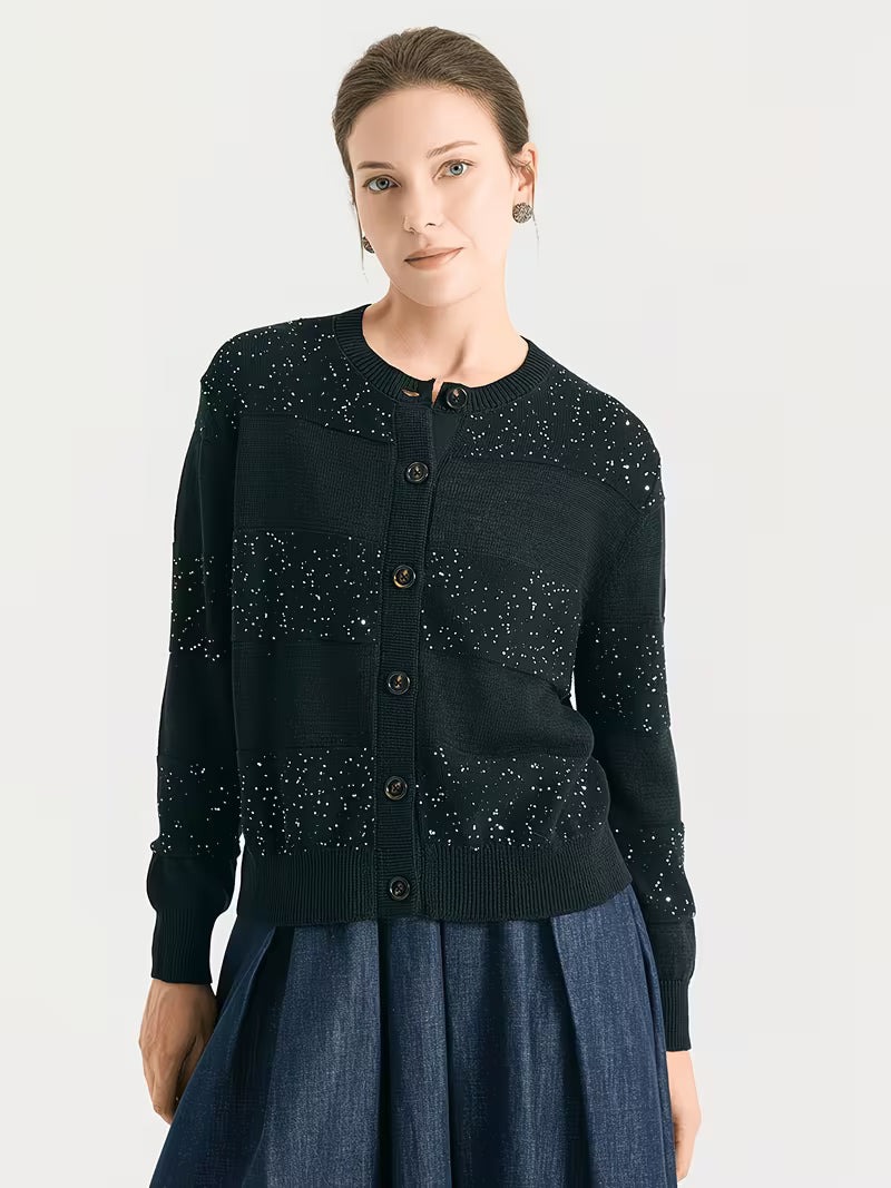 100% Linen Sequin Cardigan for Women, Elegant Open Front Long Sleeve Jacket with Scattered Paillette Detail, Lightweight Breathable Knitwear for Party & Office