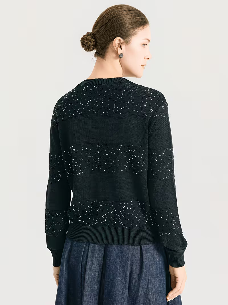 100% Linen Sequin Cardigan for Women, Elegant Open Front Long Sleeve Jacket with Scattered Paillette Detail, Lightweight Breathable Knitwear for Party & Office